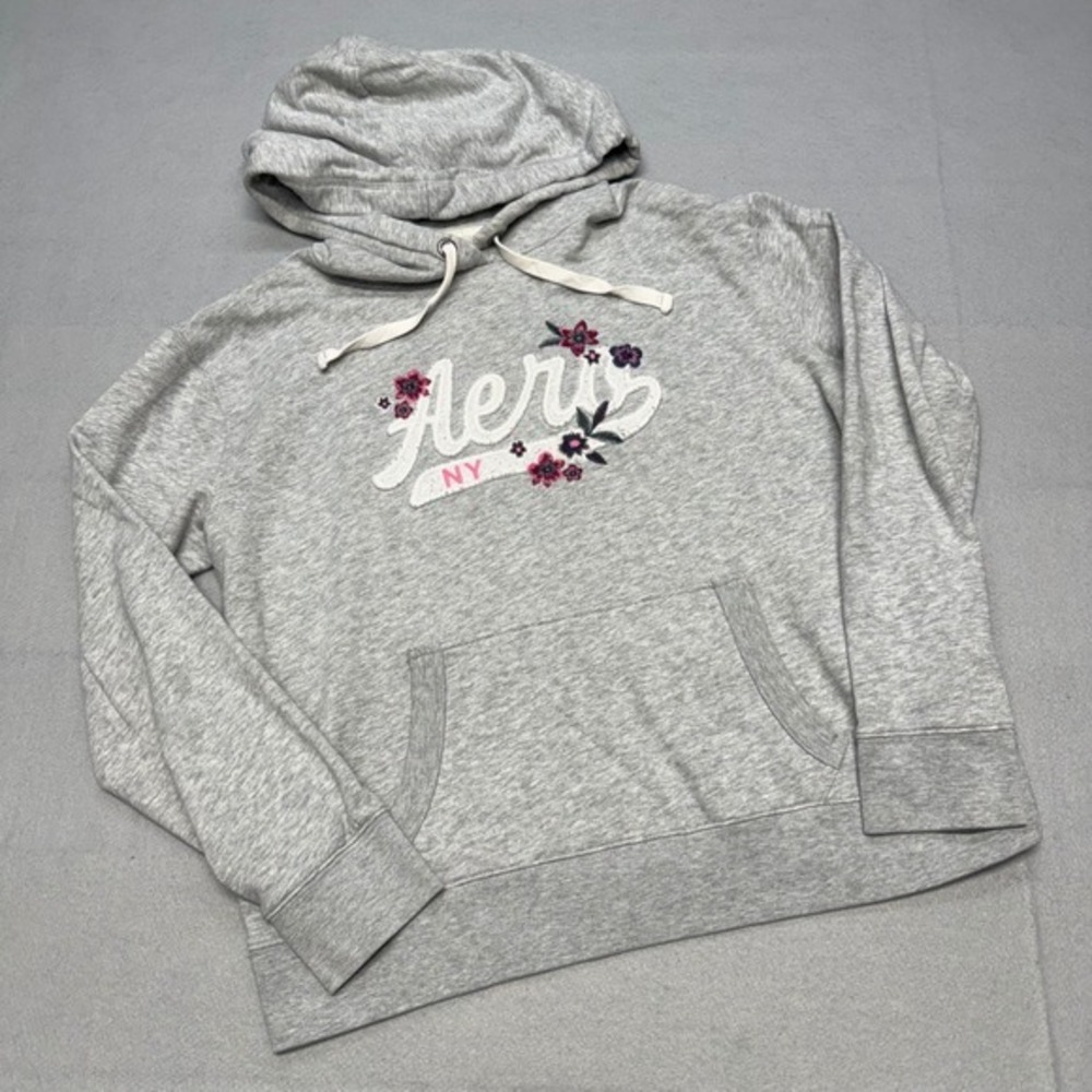 Aeropostale Womens Large Gray Floral Embroidered Logo Pullover Hoodie Sweatshirt